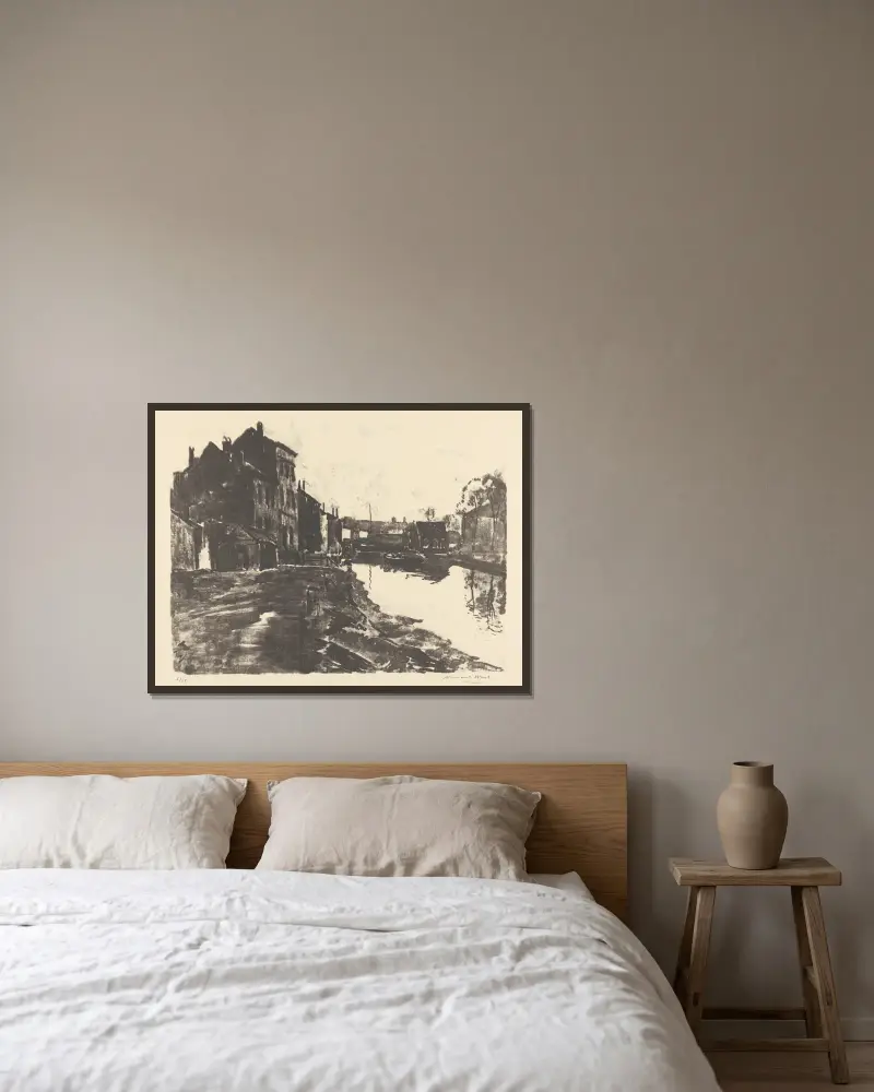 Vue de ville avec canal av Armand Apol inramad på en vägg