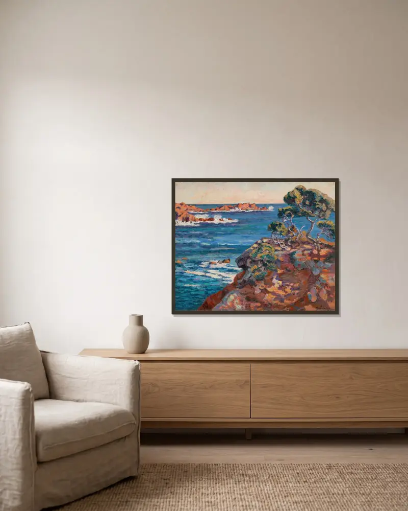 Havsstranden vid Agay av Armand Guillaumin inramad på en vägg