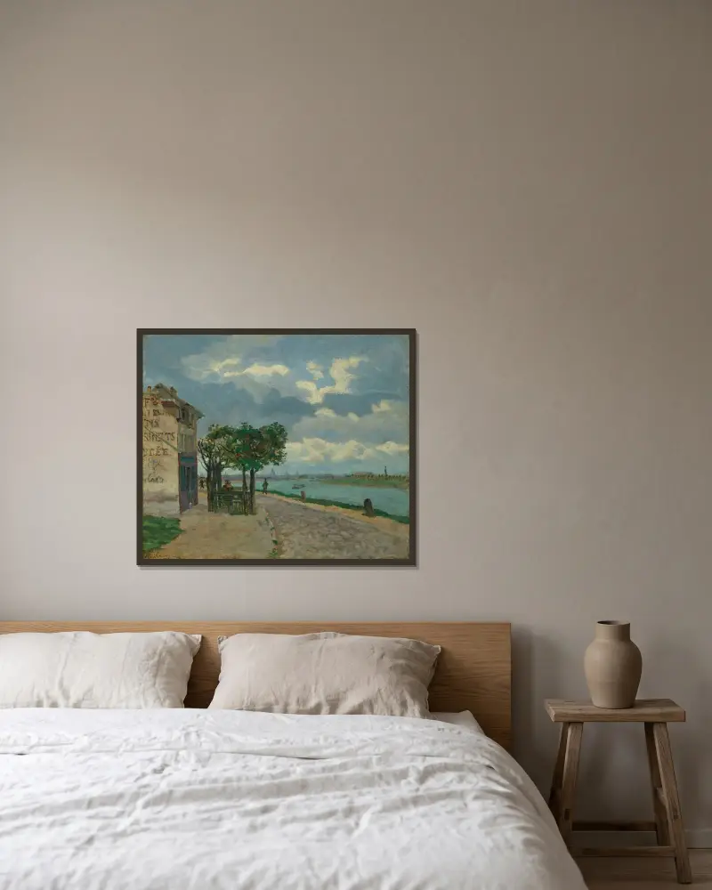 Seinens stränder av Armand Guillaumin inramad på en vägg