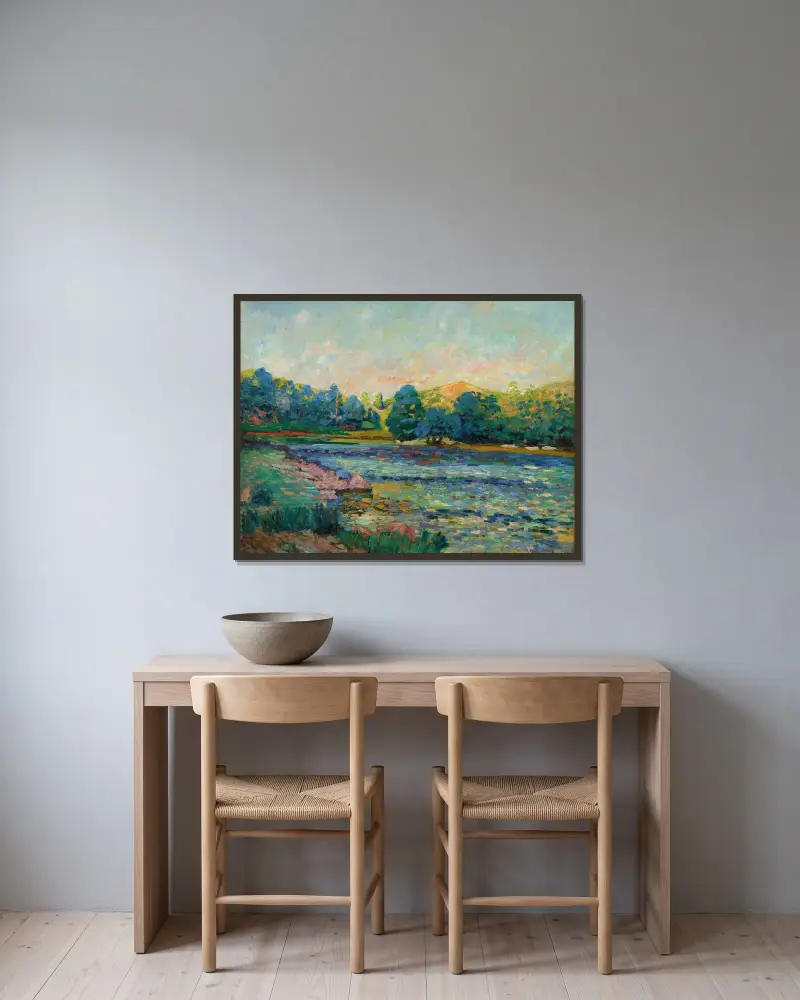 Flodbanker av Armand Guillaumin inramad på en vägg