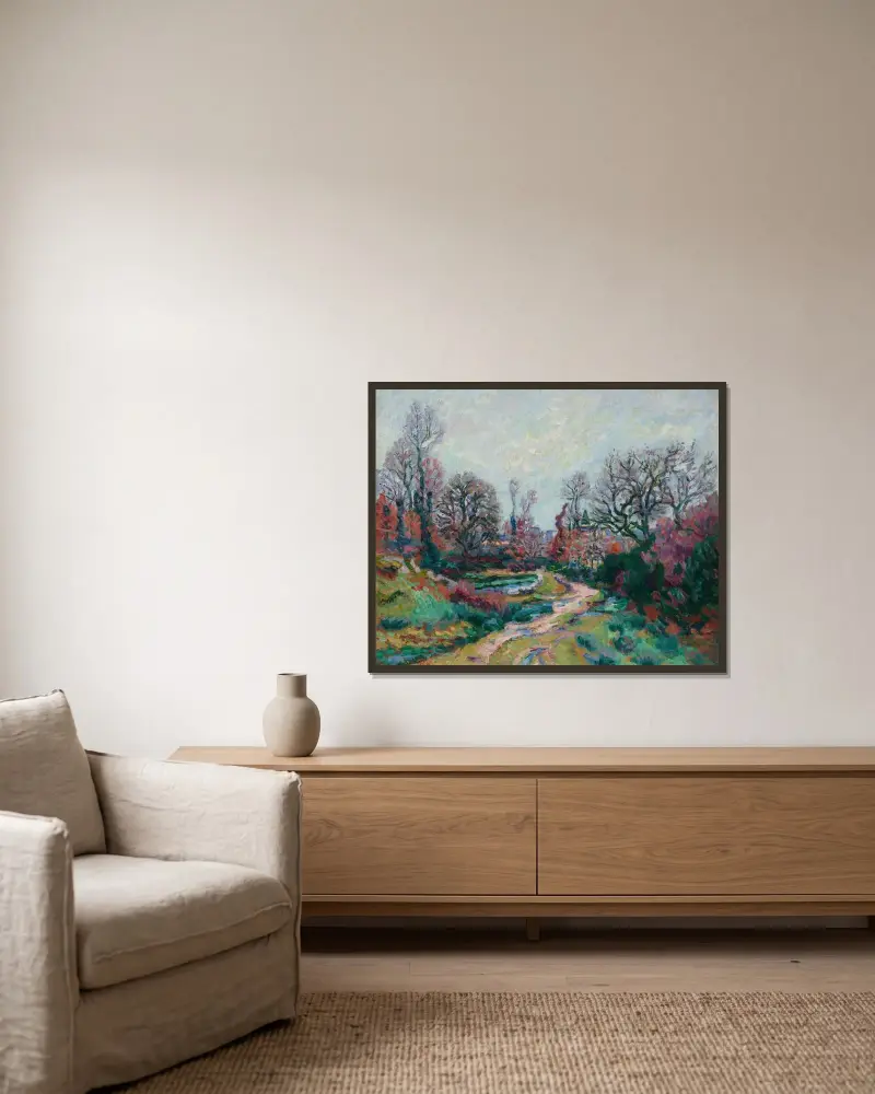 Vägen till vattningsplatsen, efter regnet av Armand Guillaumin inramad på en vägg