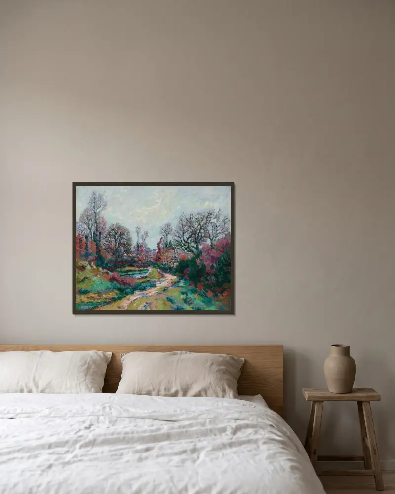 Vägen till vattningsplatsen, efter regnet av Armand Guillaumin inramad på en vägg