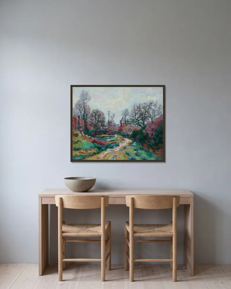 Vägen till vattningsplatsen, efter regnet av Armand Guillaumin inramad på en vägg