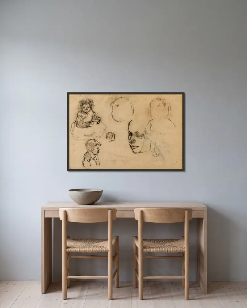 Barnteckningar av Armand Guillaumin inramad på en vägg
