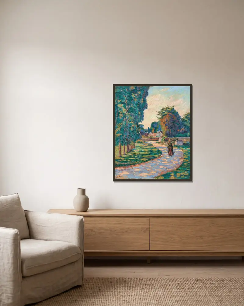 Kvinna på en stig i Epinay-sur-Orge av Armand Guillaumin inramad på en vägg