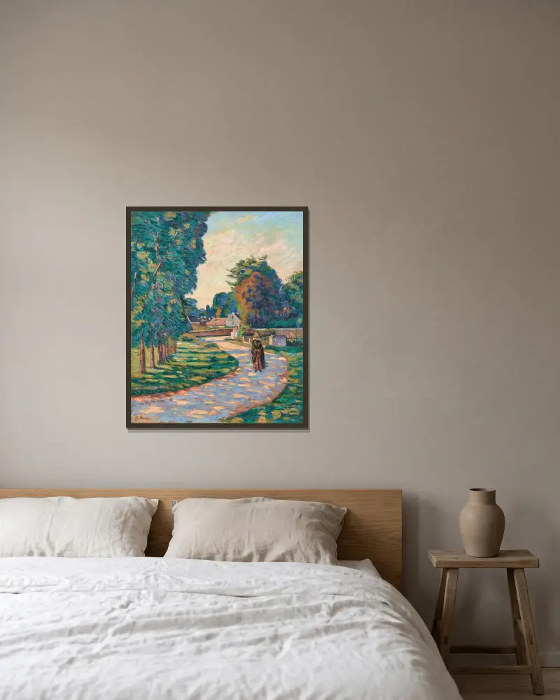 Kvinna på en stig i Epinay-sur-Orge av Armand Guillaumin inramad på en vägg