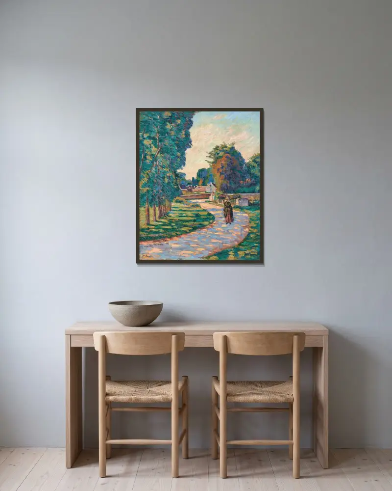 Kvinna på en stig i Epinay-sur-Orge av Armand Guillaumin inramad på en vägg