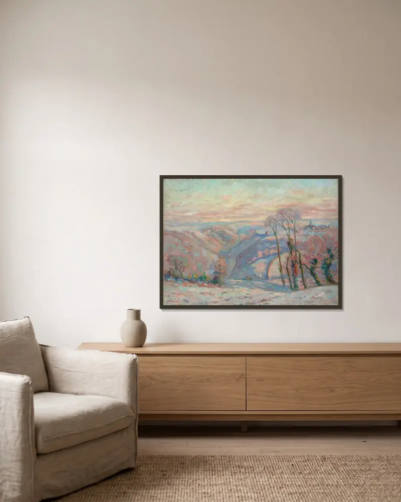 Vit frost i byn Crozant av Armand Guillaumin inramad på en vägg