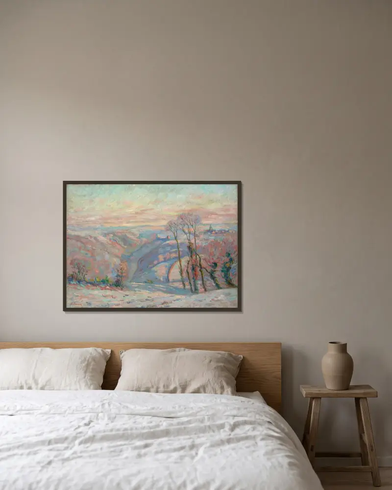 Vit frost i byn Crozant av Armand Guillaumin inramad på en vägg