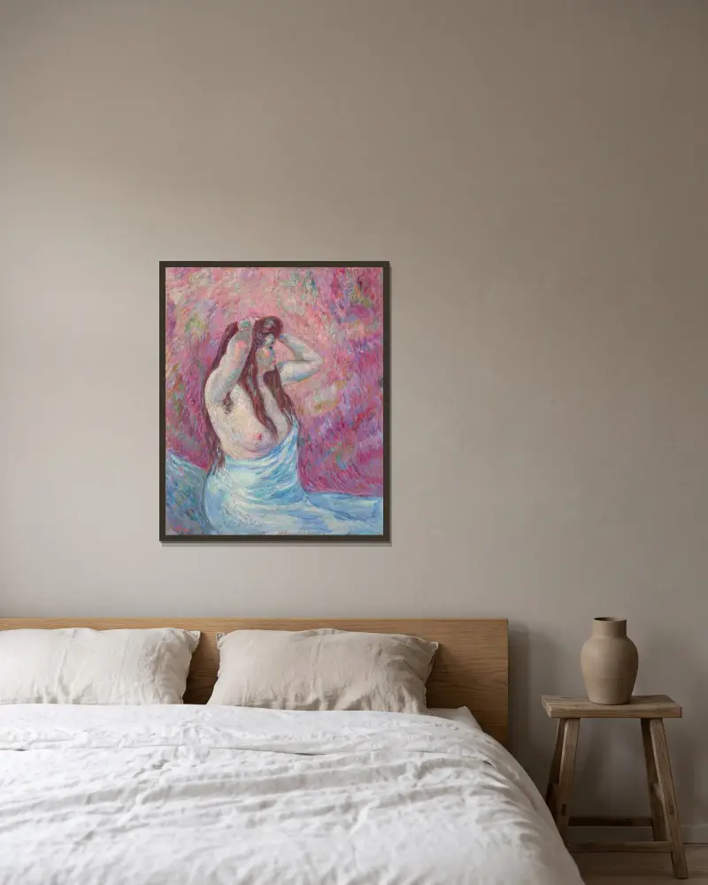 Ung kvinna, naken och draperad av Armand Guillaumin inramad på en vägg