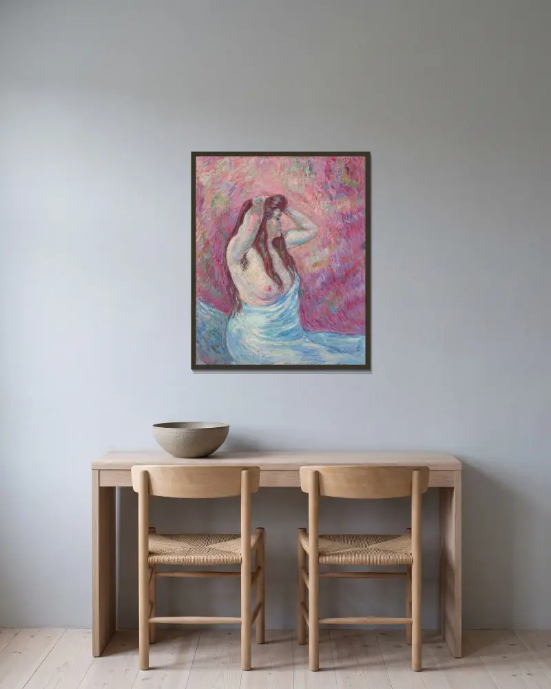 Ung kvinna, naken och draperad av Armand Guillaumin inramad på en vägg