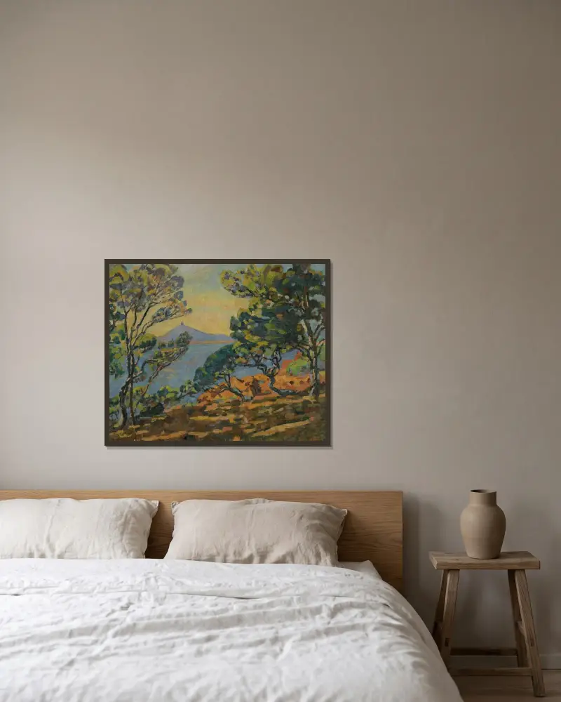Viken vid Agay och semaforen av Armand Guillaumin inramad på en vägg
