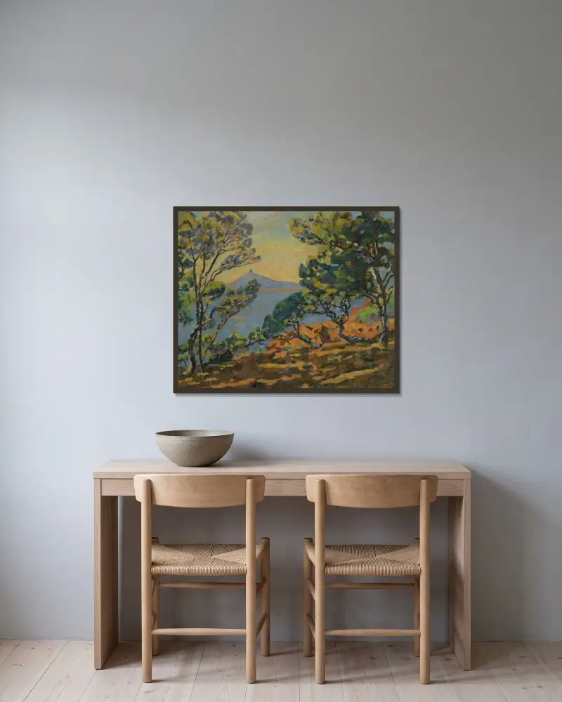 Viken vid Agay och semaforen av Armand Guillaumin inramad på en vägg