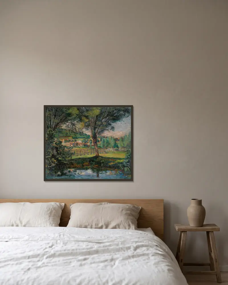 Pilarna vid flodbanken, Île-de-France av Armand Guillaumin inramad på en vägg