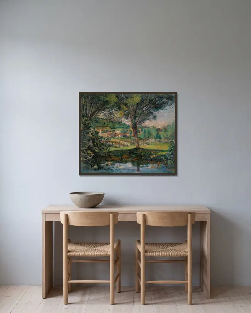 Pilarna vid flodbanken, Île-de-France av Armand Guillaumin inramad på en vägg