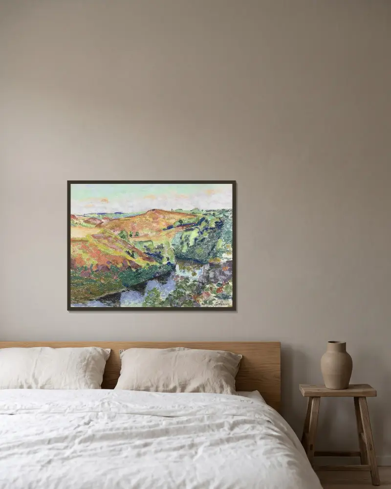 Landskap i Crozant av Armand Guillaumin inramad på en vägg
