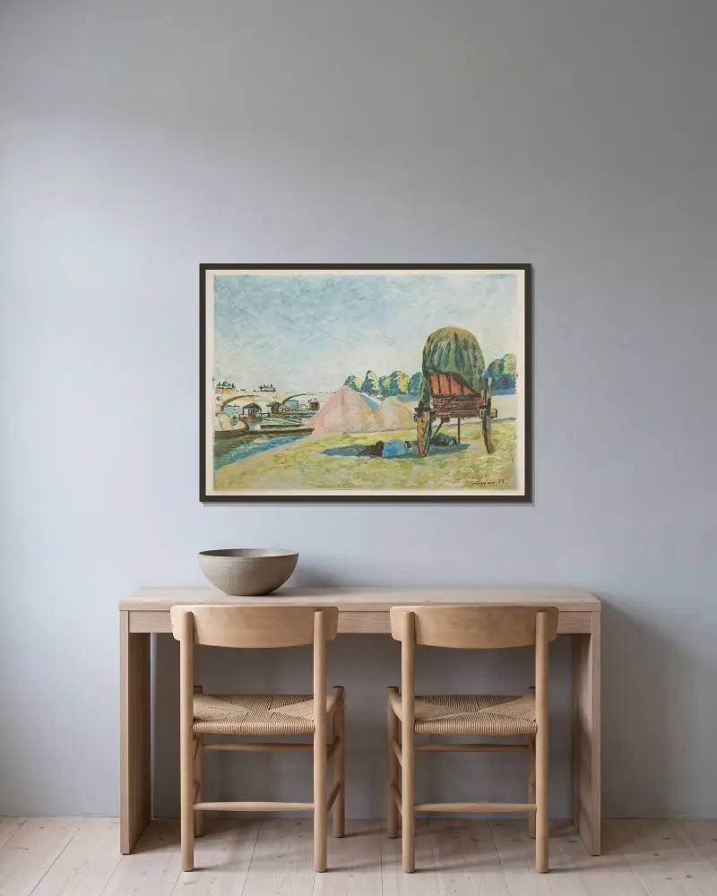 Landskap med kärra av Armand Guillaumin inramad på en vägg