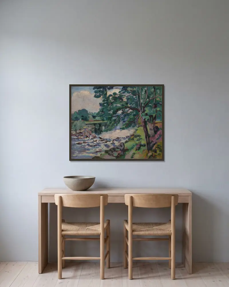 Dammen vid Genetin av Armand Guillaumin inramad på en vägg