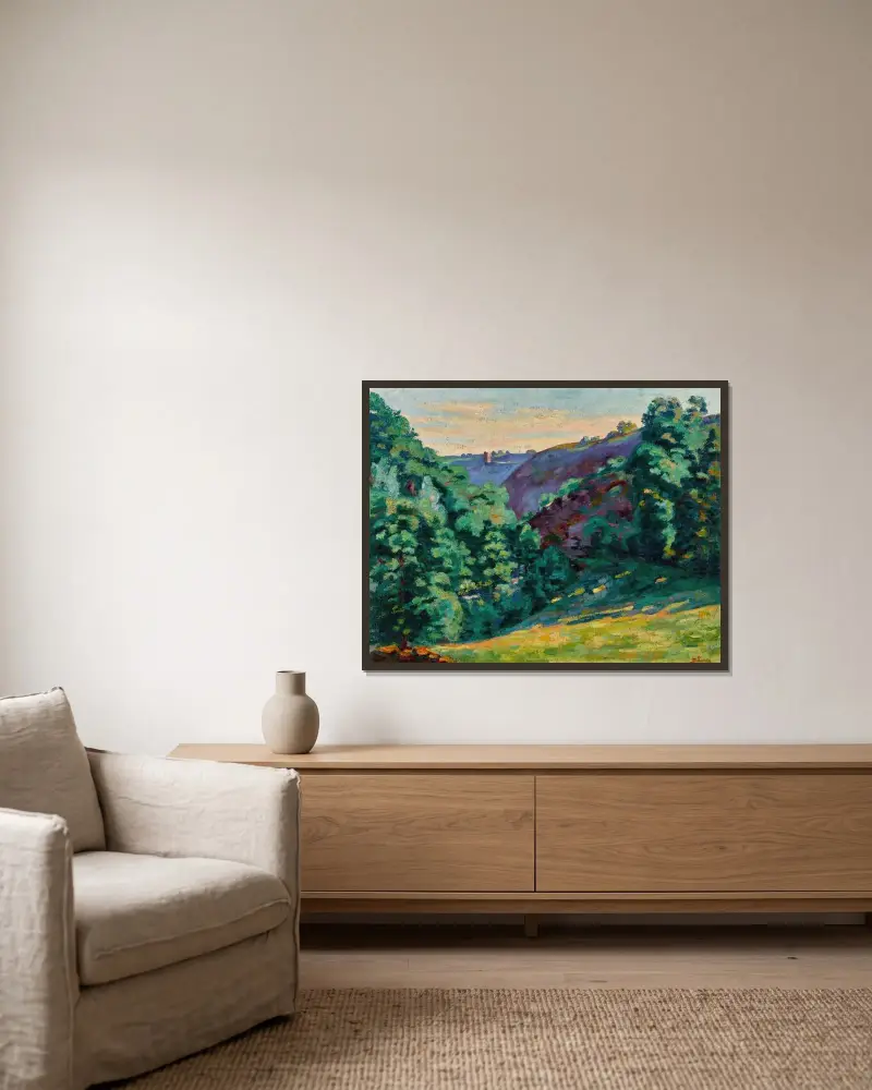 Ravinen La Folie, vy från Château Crozant av Armand Guillaumin inramad på en vägg