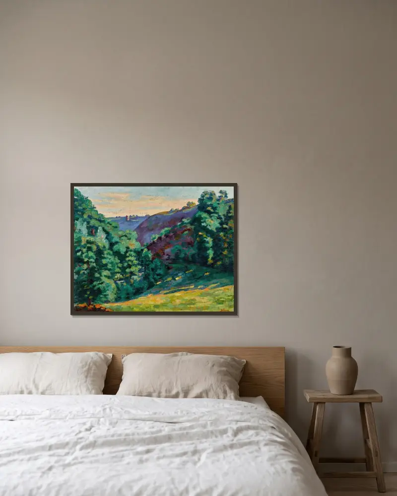 Ravinen La Folie, vy från Château Crozant av Armand Guillaumin inramad på en vägg