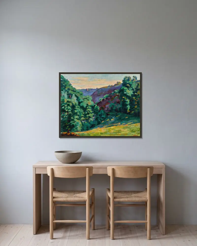 Ravinen La Folie, vy från Château Crozant av Armand Guillaumin inramad på en vägg