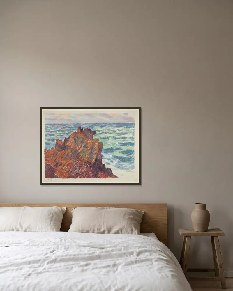 De röda klipporna av Armand Guillaumin inramad på en vägg
