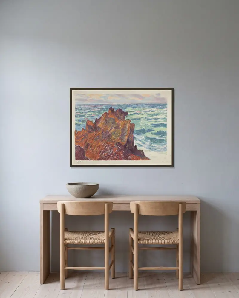 De röda klipporna av Armand Guillaumin inramad på en vägg