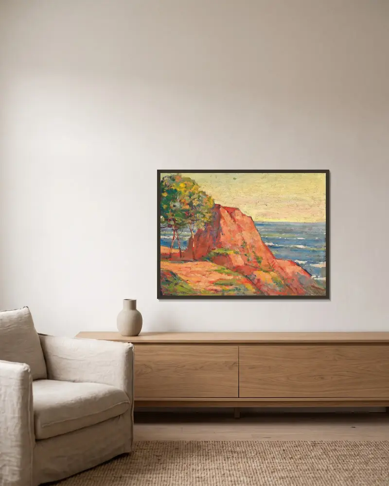 De röda klipporna vid Agay av Armand Guillaumin inramad på en vägg