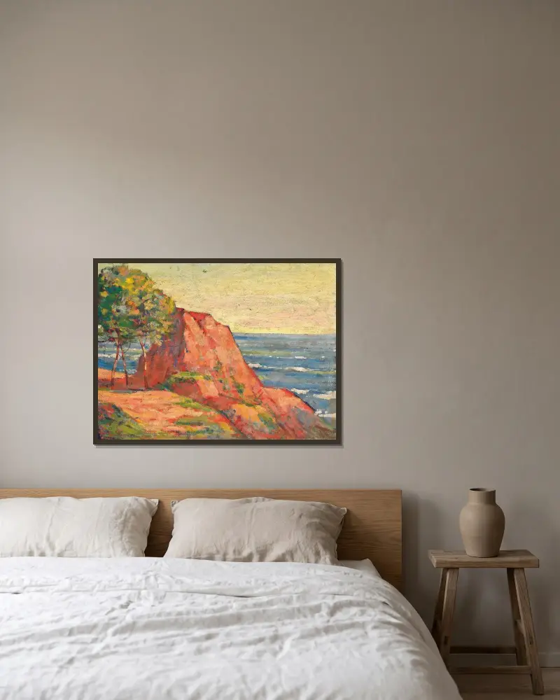 De röda klipporna vid Agay av Armand Guillaumin inramad på en vägg