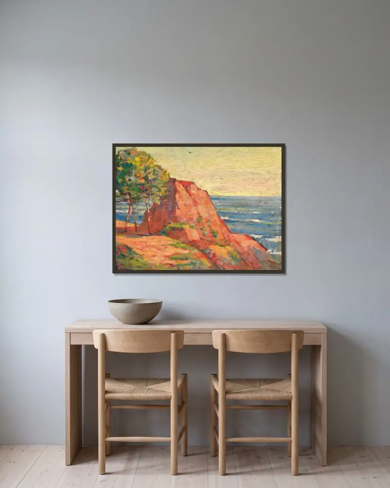 De röda klipporna vid Agay av Armand Guillaumin inramad på en vägg