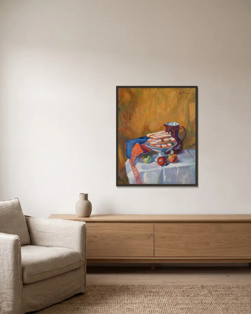 Stilleben med kex av Armand Guillaumin inramad på en vägg
