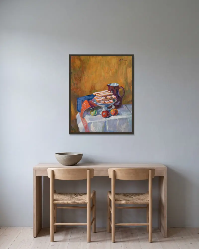 Stilleben med kex av Armand Guillaumin inramad på en vägg