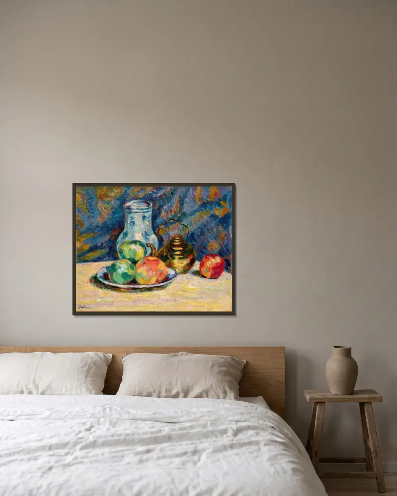Stilleben med äpplen av Armand Guillaumin inramad på en vägg