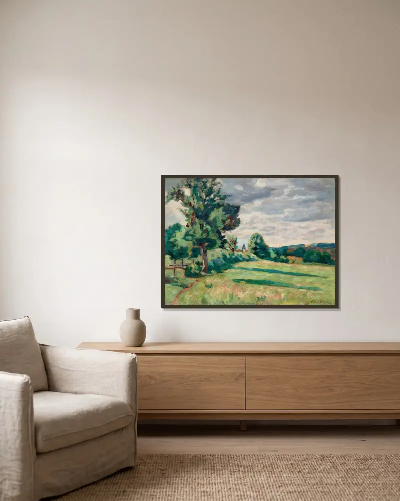 Betesmarker vid lador, Crozant av Armand Guillaumin inramad på en vägg