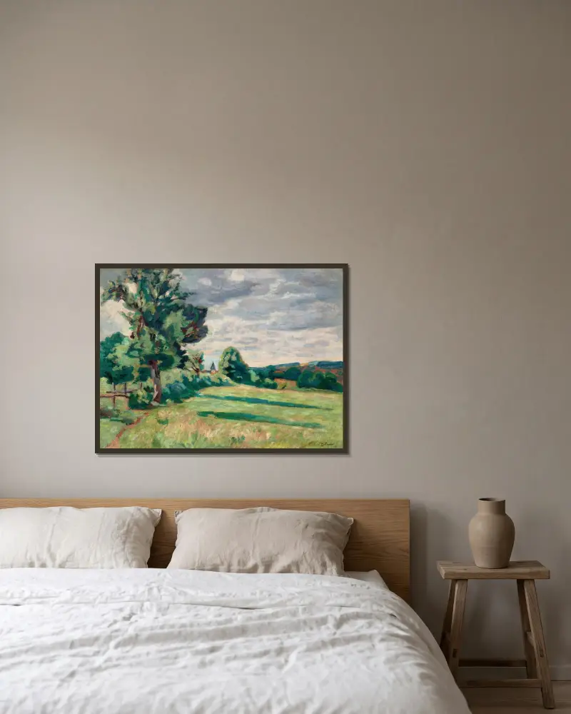 Betesmarker vid lador, Crozant av Armand Guillaumin inramad på en vägg