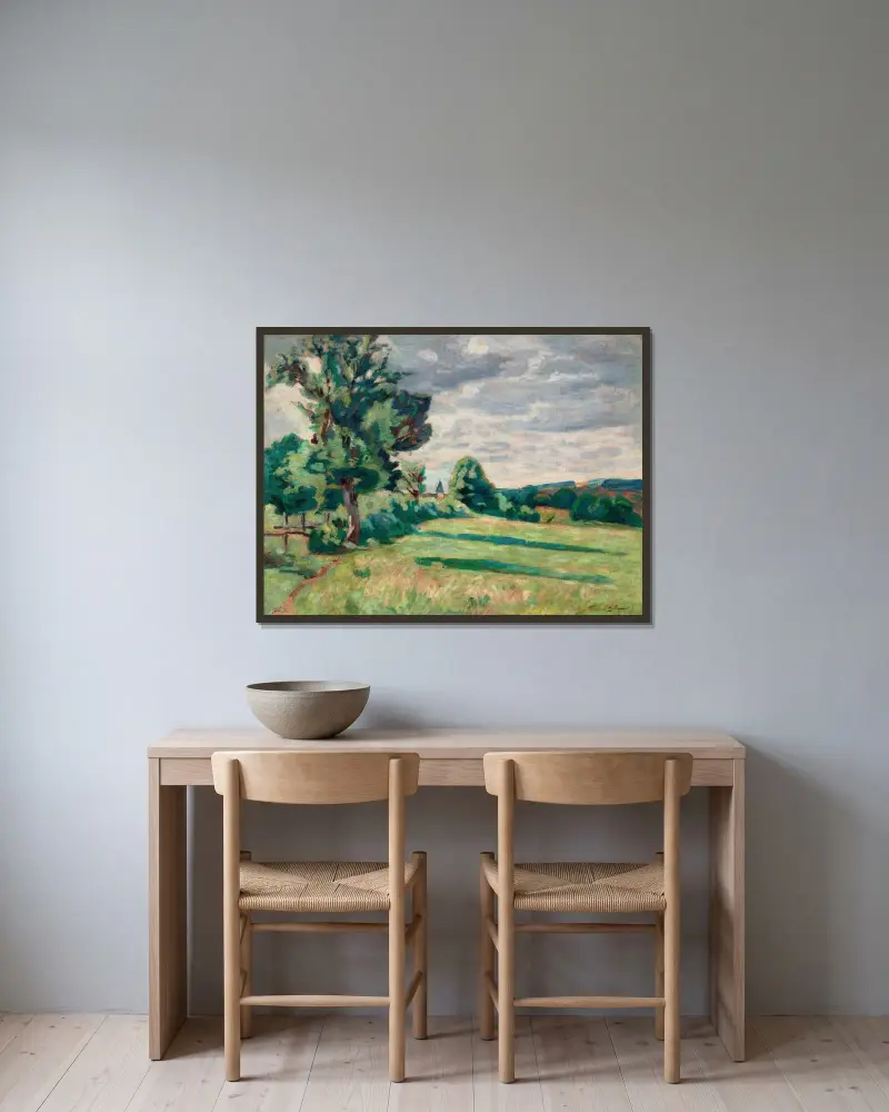 Betesmarker vid lador, Crozant av Armand Guillaumin inramad på en vägg