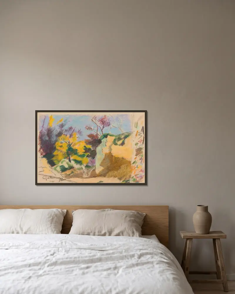 Landskap med träd och klippor och färgprov av Armand Guillaumin inramad på en vägg