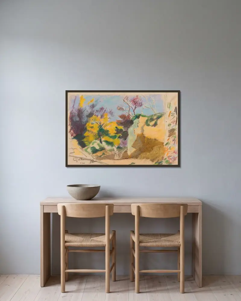 Landskap med träd och klippor och färgprov av Armand Guillaumin inramad på en vägg