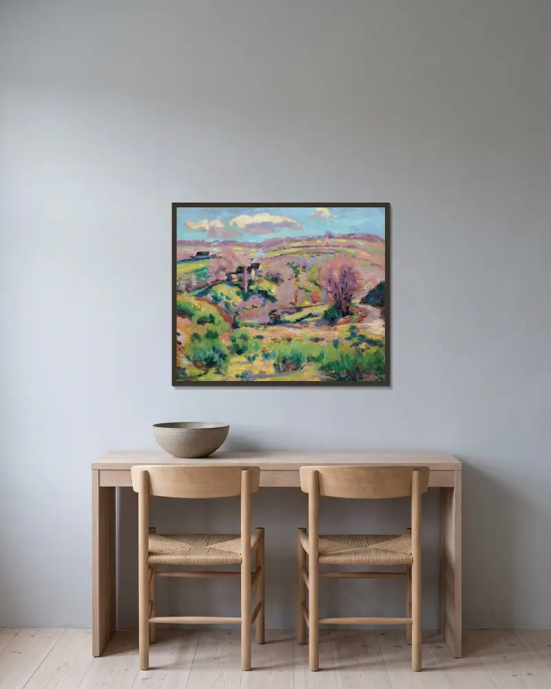 Landskap från Creuse, om våren av Armand Guillaumin inramad på en vägg