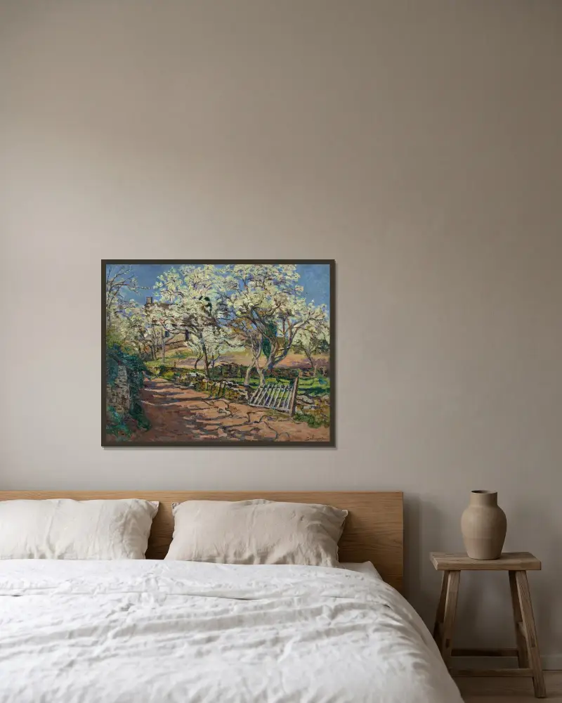 Vårlandskap av Armand Guillaumin inramad på en vägg