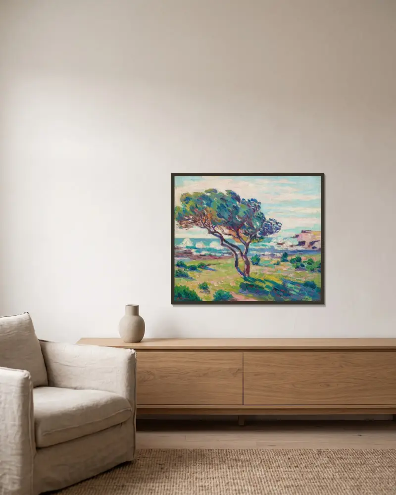 Landskap från Midi, utsikt från Le Brusc av Armand Guillaumin inramad på en vägg