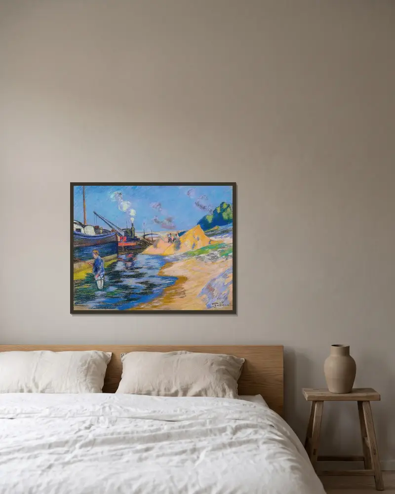 Seine kaj i Paris, sandtaget av Armand Guillaumin inramad på en vägg