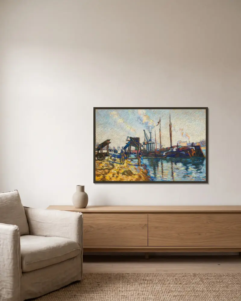Seine kajen i Paris av Armand Guillaumin inramad på en vägg