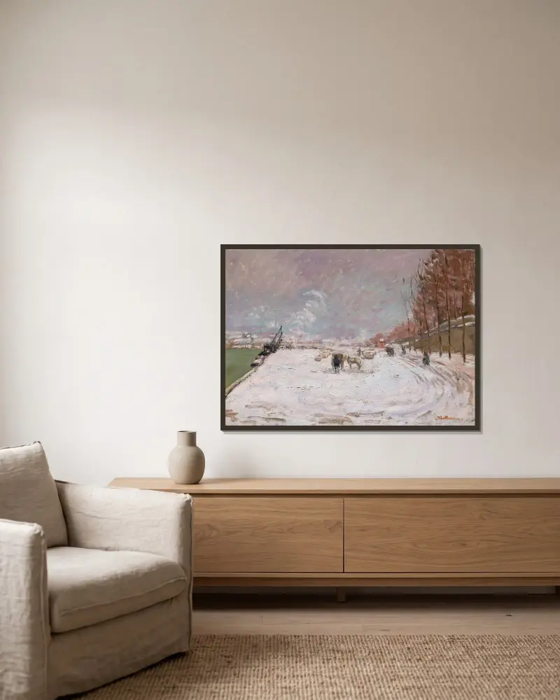 Quai Saint-Bernard i snö, Paris av Armand Guillaumin inramad på en vägg