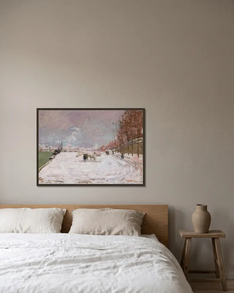 Quai Saint-Bernard i snö, Paris av Armand Guillaumin inramad på en vägg