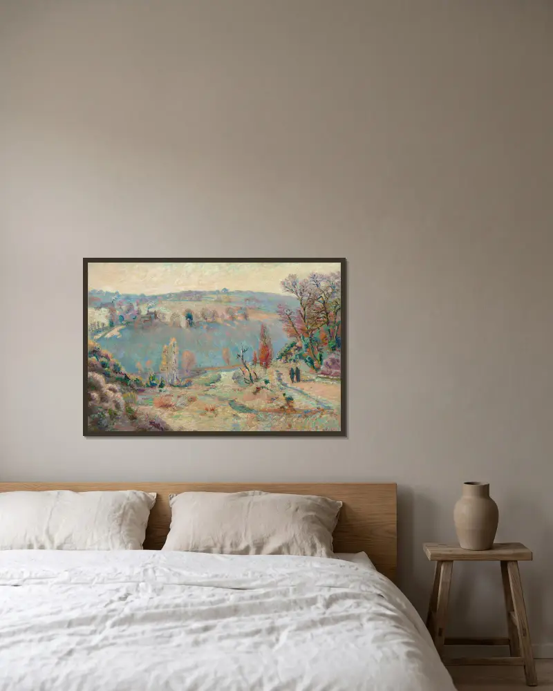 Dalen vid Sédelle vid Pont Charraud, vit frost av Armand Guillaumin inramad på en vägg