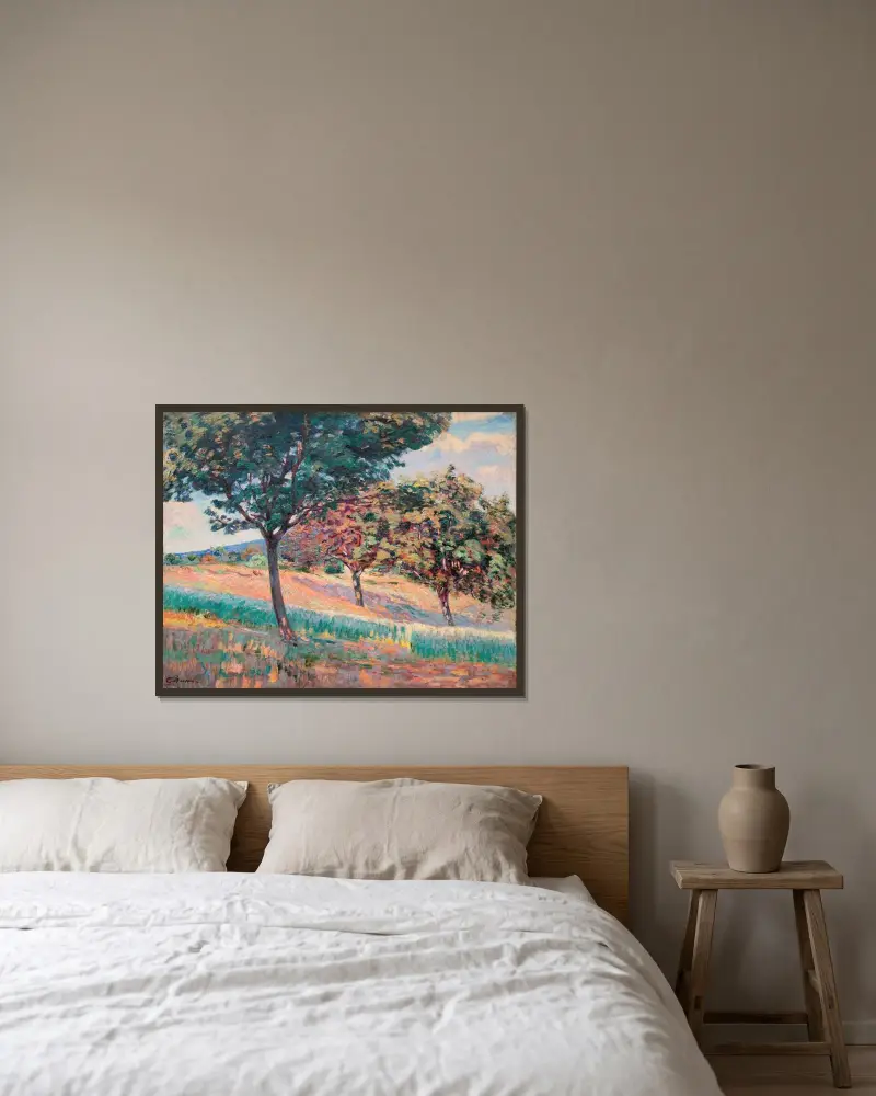 Verger vid en skogsbryn vid Saint-Chéron av Armand Guillaumin inramad på en vägg