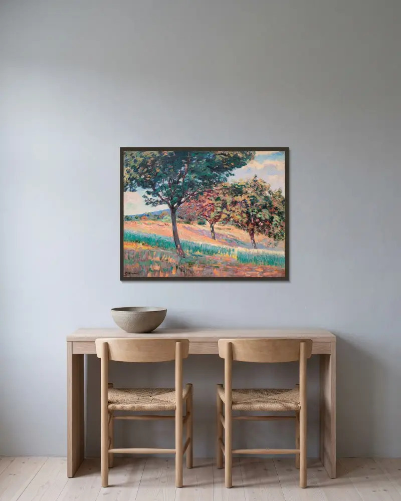 Verger vid en skogsbryn vid Saint-Chéron av Armand Guillaumin inramad på en vägg