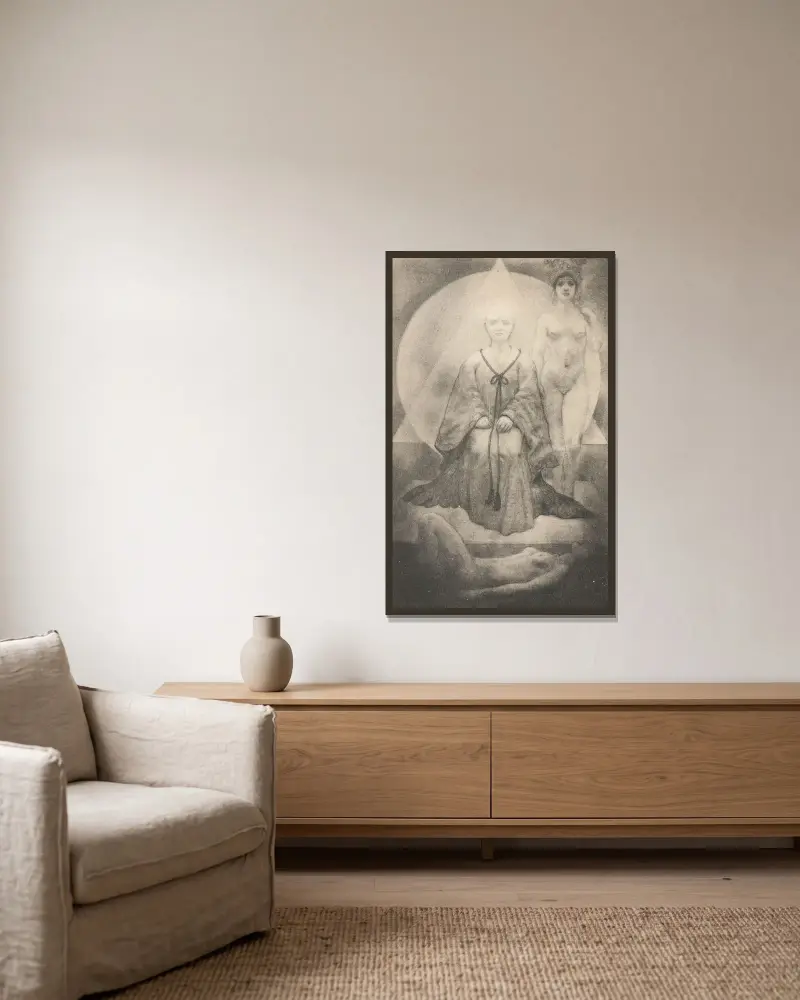 Frontespis till Le Solitaire de la Lune av François de Curel av Armand Rassenfosse inramad på en vägg