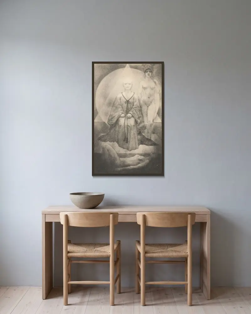 Frontespis till Le Solitaire de la Lune av François de Curel av Armand Rassenfosse inramad på en vägg